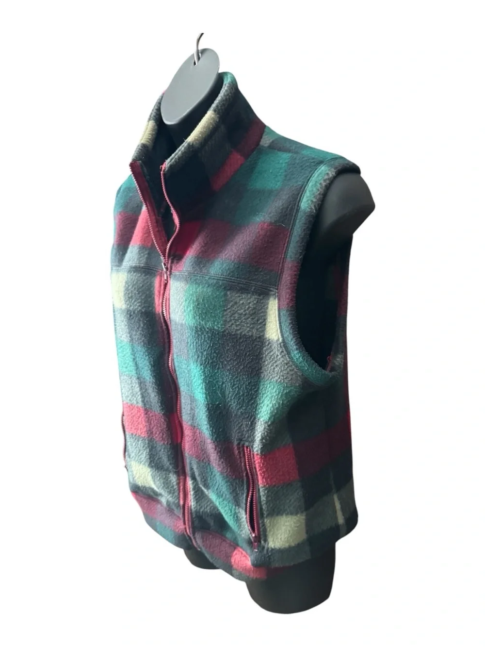 Men's Plaid Fleece Zip Vest - Teal, Red & Cream